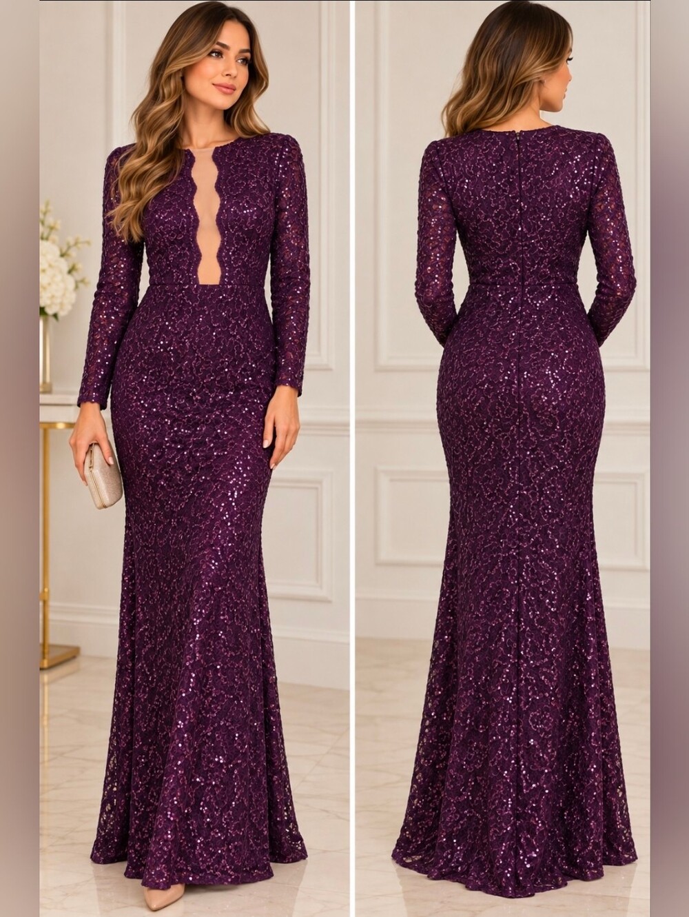 Marina Purple Sequin Lace Maxi Dress – Size 10